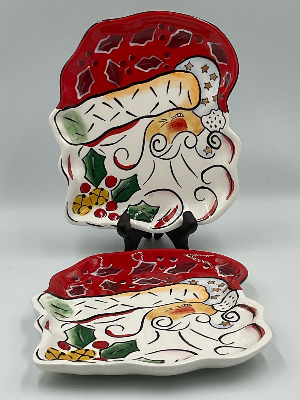 Vintage 2004 Clay Art "Merry Santa" Hand-painted Ceramic Candy Dish/Cookie Plate